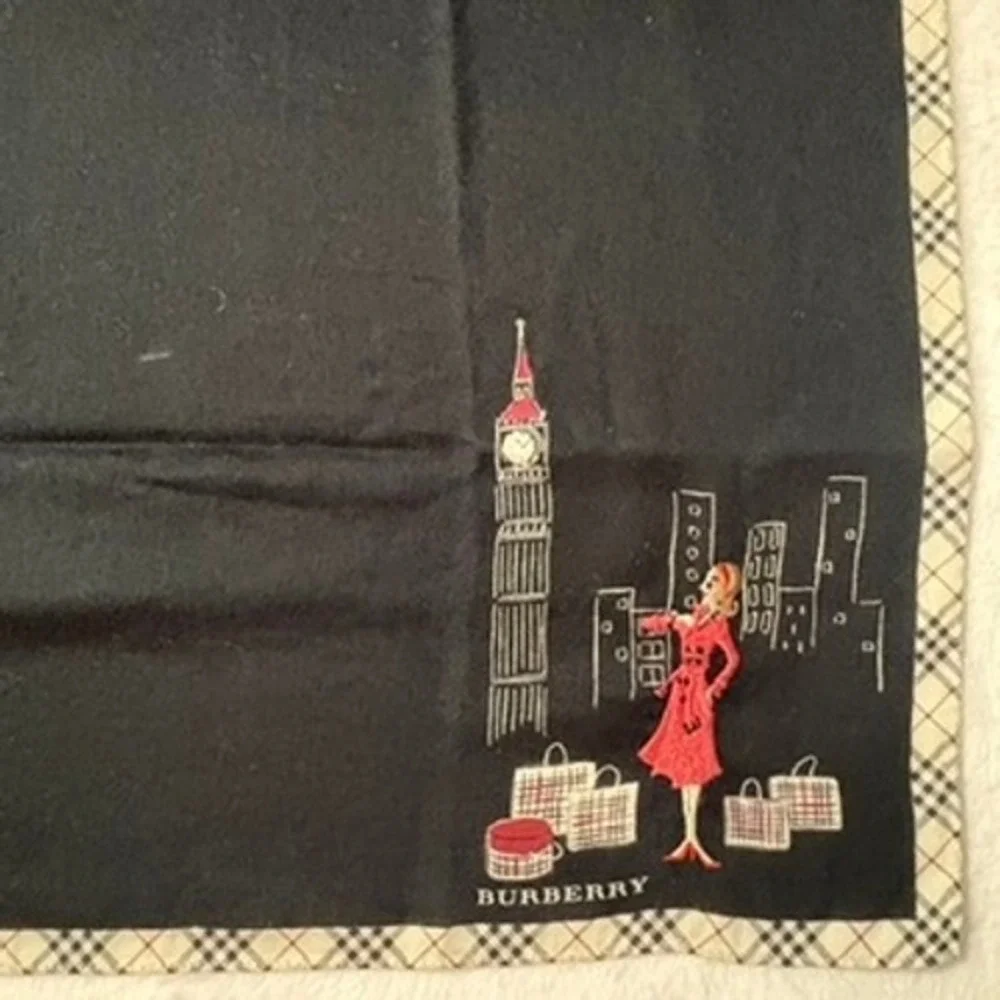 Vtg BURBERRY Scarf Handkerchief London Shopping Motif Black 19.5